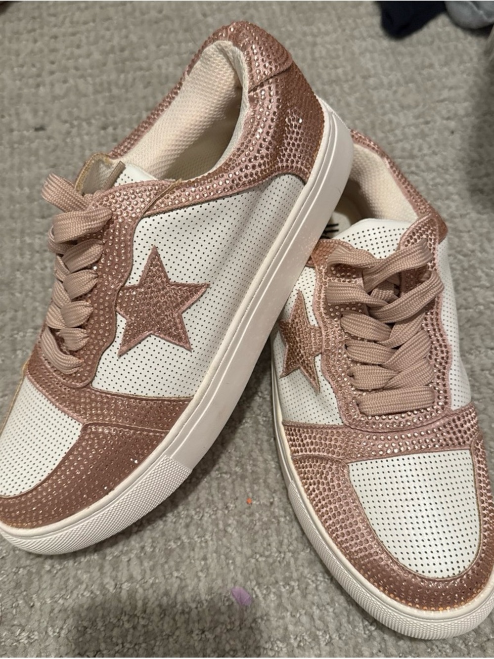 White and Rose Gold Star Accent Women's Sneakers
